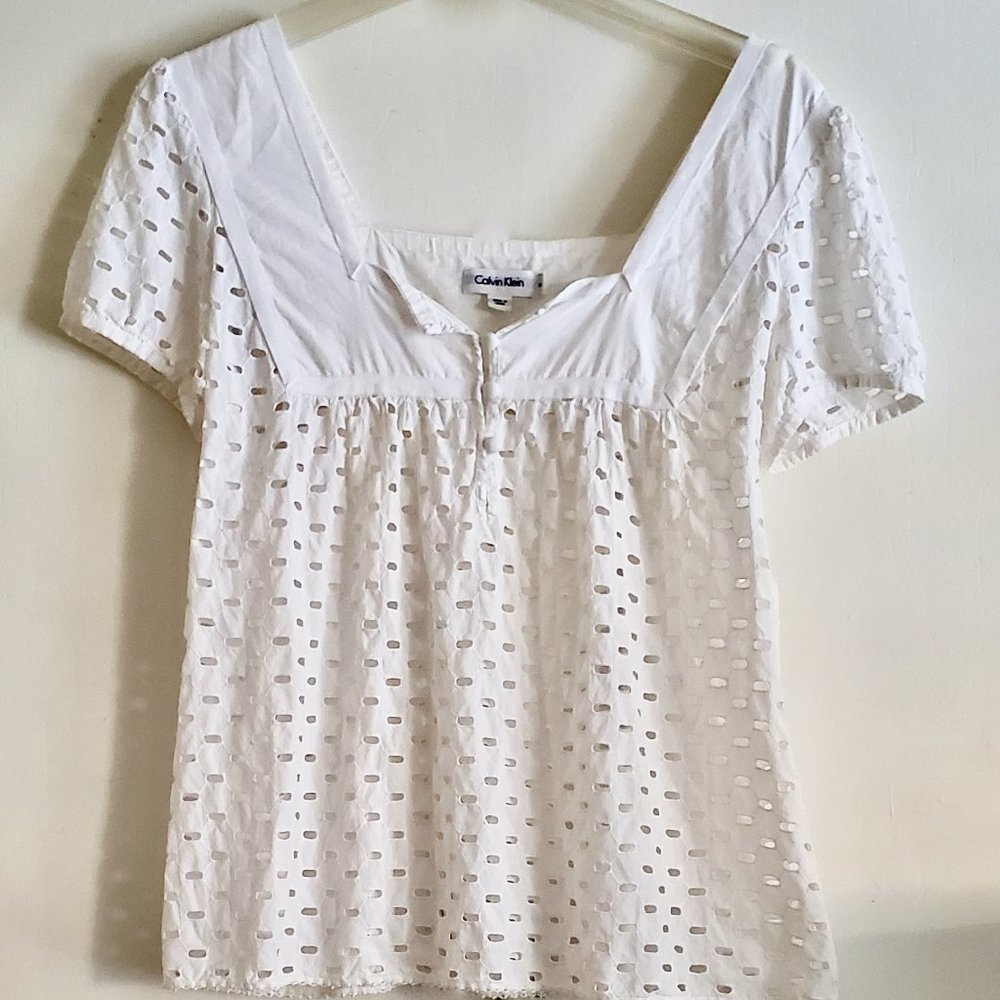 Calvin Klein Sz M Cotton Eyelet Peasant Top  EPC